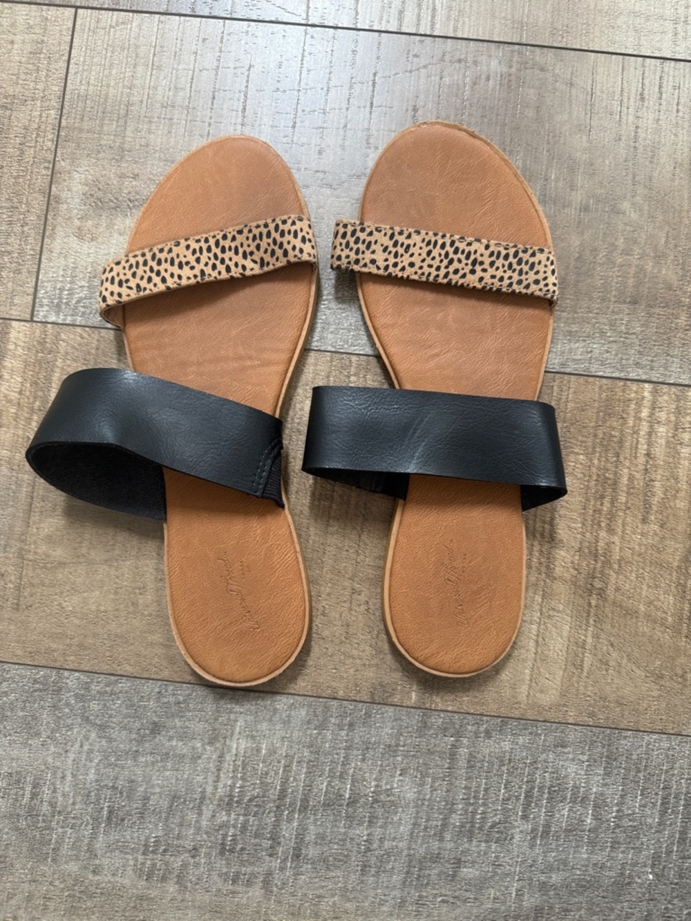 Target Women's Two-Band Slide Sandals in Black and Leopard Print